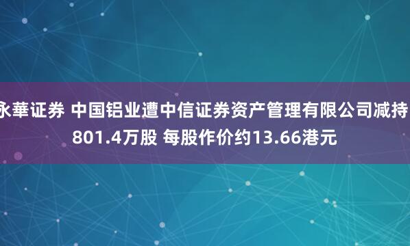 永華证券 中国铝业遭中信证券资产管理有限公司减持1801.4万股 每股作价约13.66港元